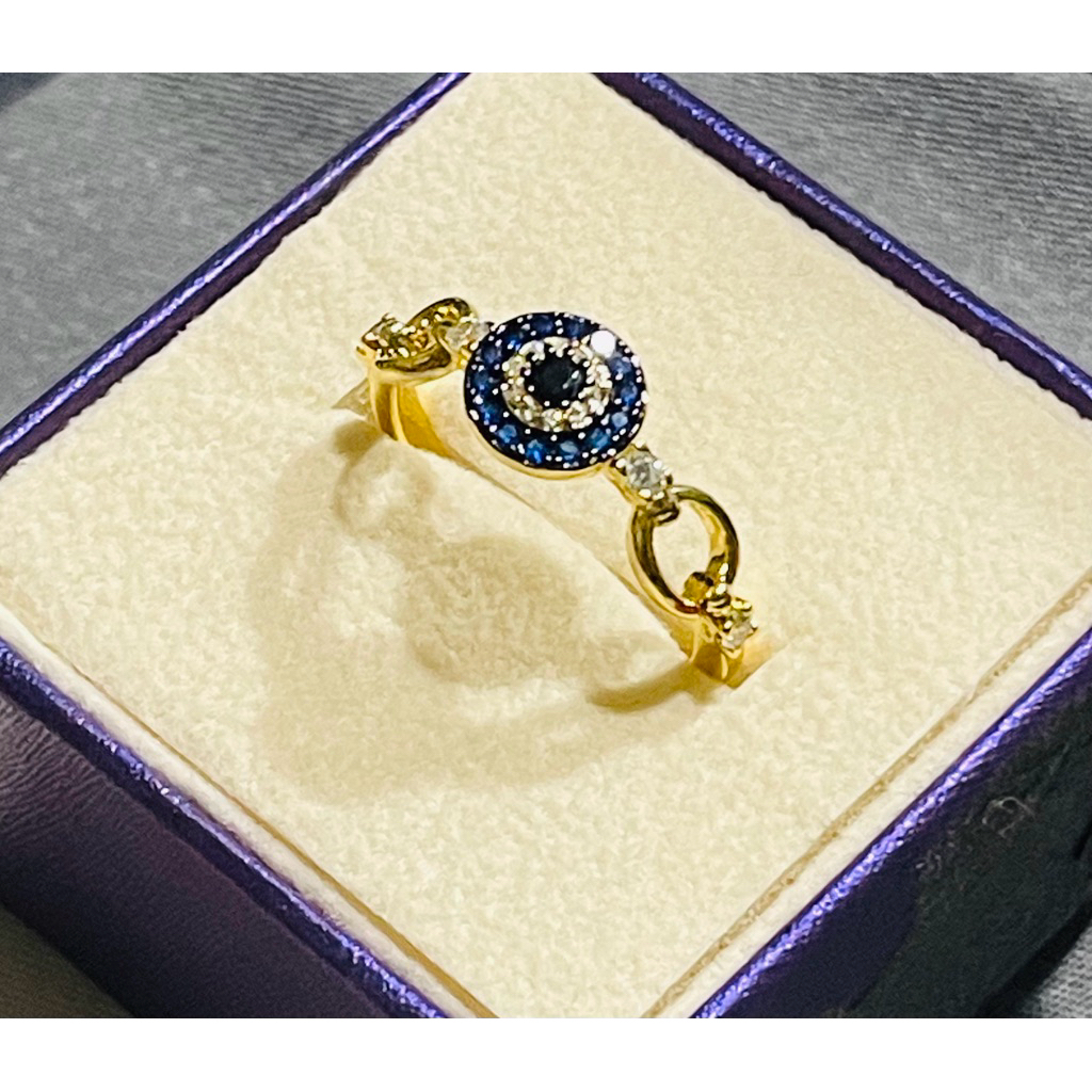 Anti Evil Eye Ring with blue Sapphire & Diamond Accents | Yellow Gold Setting | Size 9 product photo 4