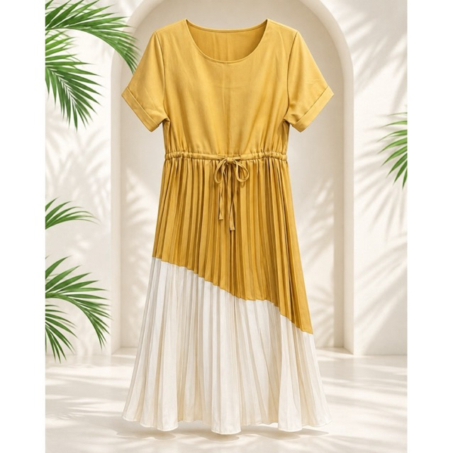 MUSTARD & IVORY PLEATED DRESS product photo 2