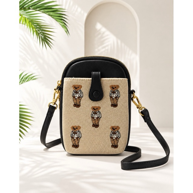 Women’s Cellphone Sling Bag | Canvas & Leather | Mini Crossbody Bag | Cute Bear Print