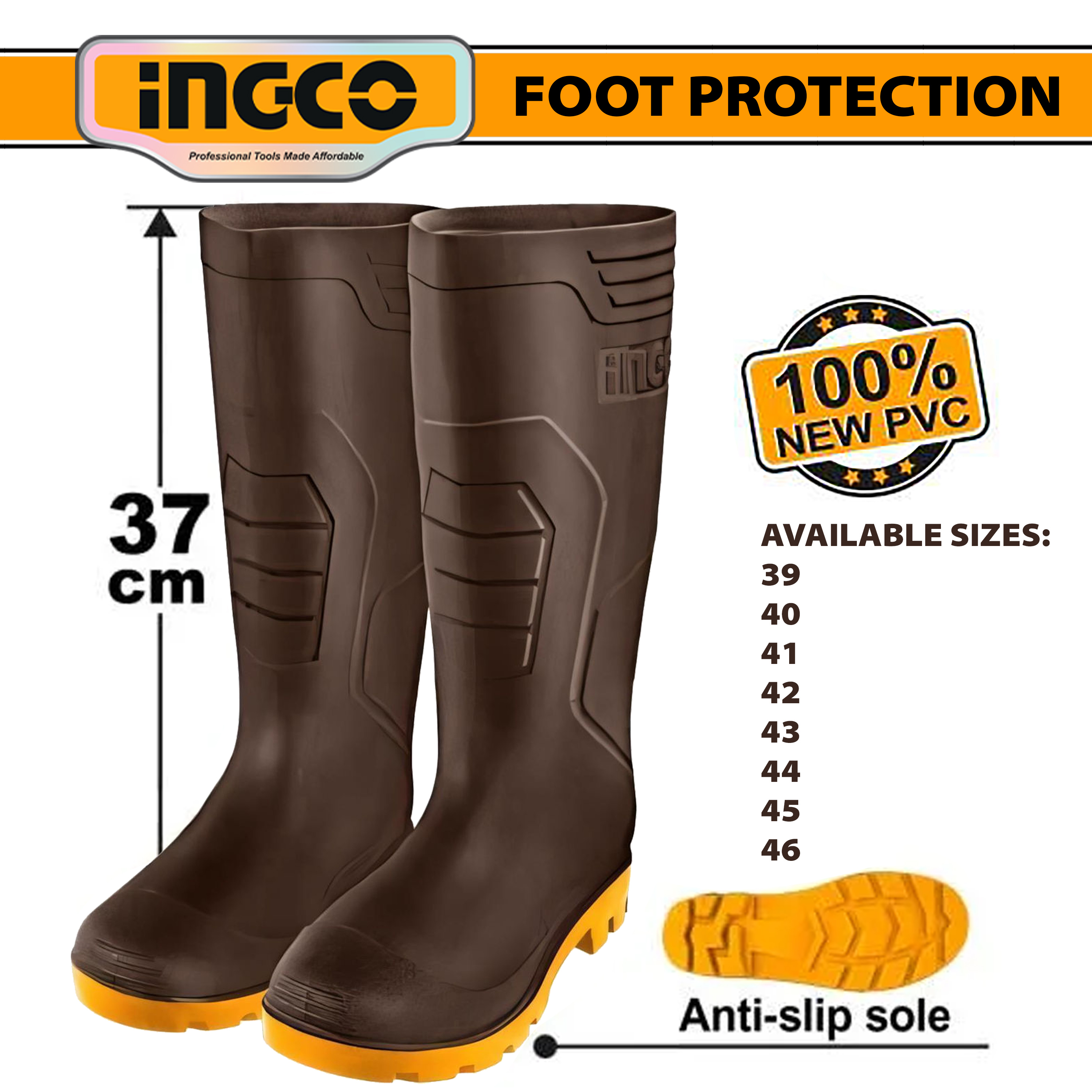 INGCO brown waterproof PVC rain boots SSH098L.39