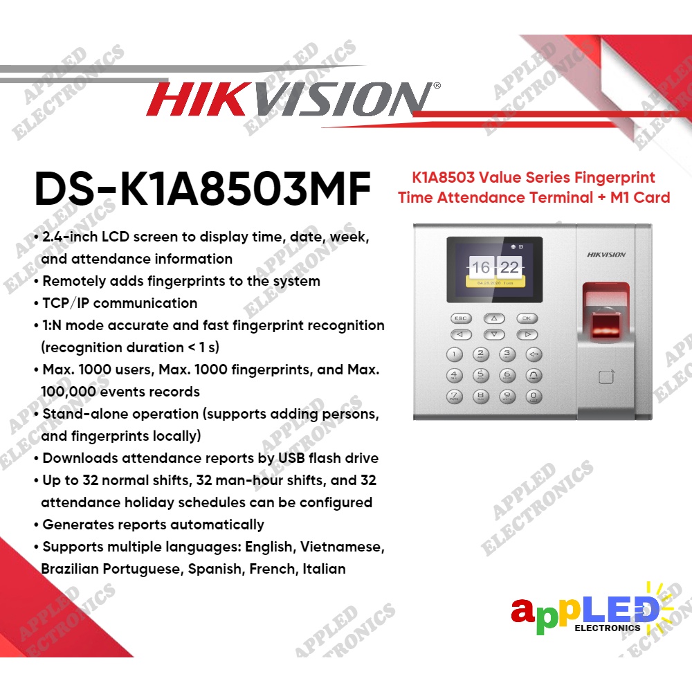 Hikvision DS-K1A8503MF Fingerprint And MiFare Card Time Attendance ...