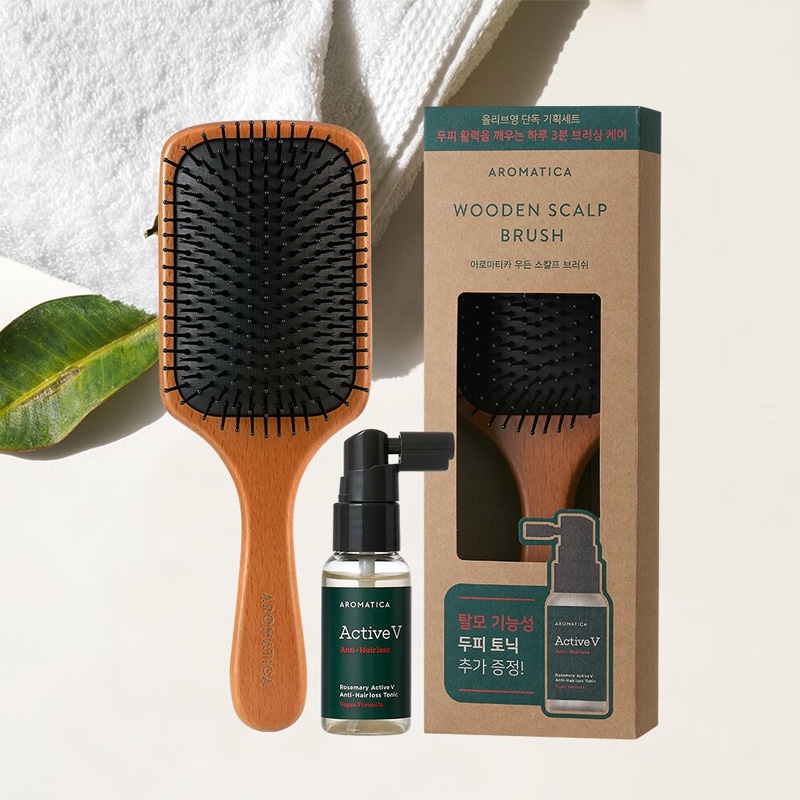 korean skin care AROMATICA Scalp Massage Kit (Wooden Scalp Brush + Anti