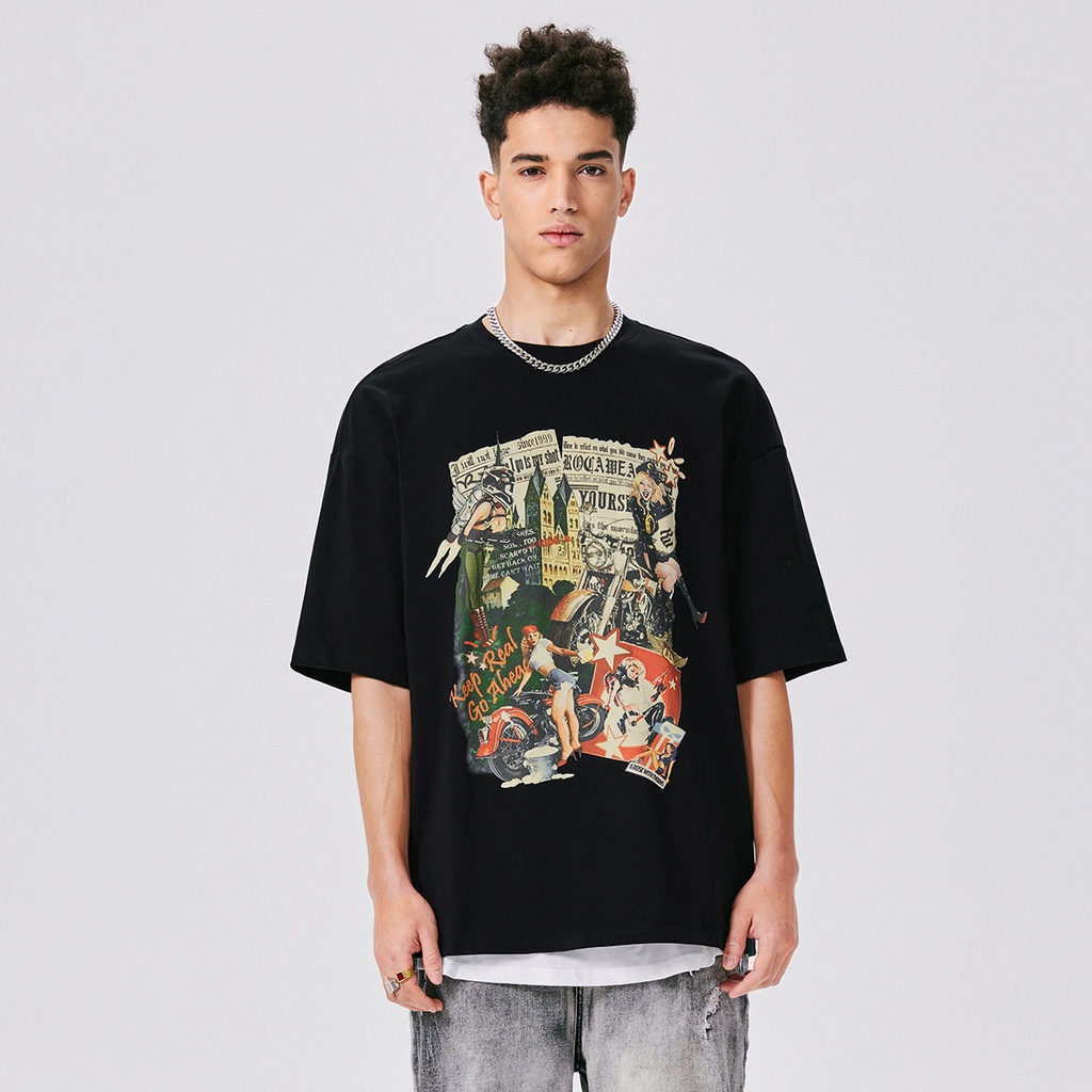 couple t-shirt summer new American retro color portrait print unisex black high street plus size top