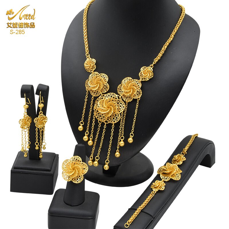 Luxury Dubai Jewelry Set 24K Gold Plated Big Necklaces Earrings Rings
