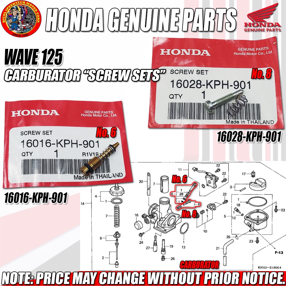 WAVE 125 CARBURATOR "SCREW SETS" (Genuine No.6 16016KPH901, No. 8