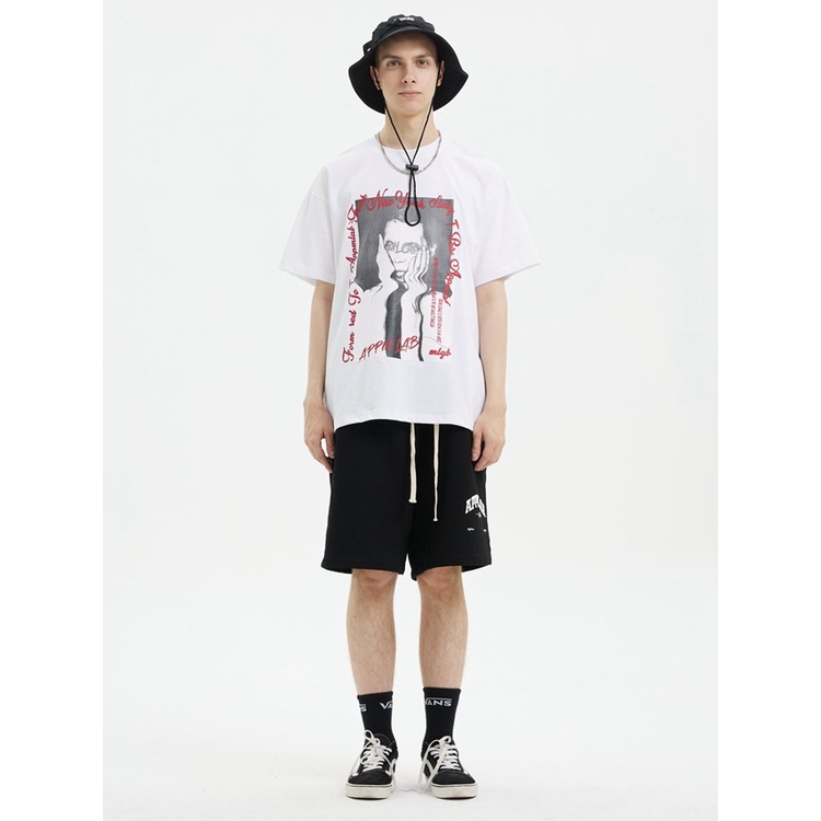 couple tshirt front portrait American trend print hip hop cotton crewneck unisex plus size black top