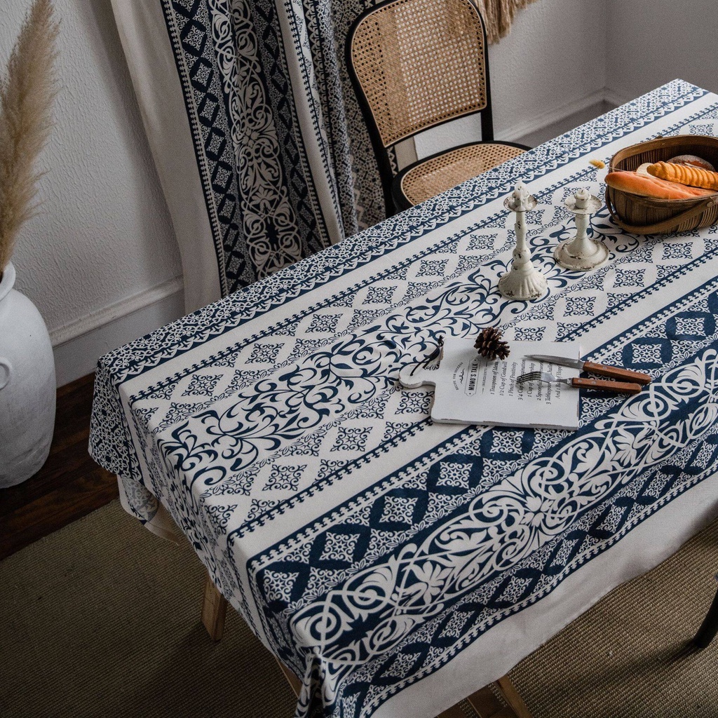 Tablecloth Cotton and Linen Table Cloth Printed Blue and White