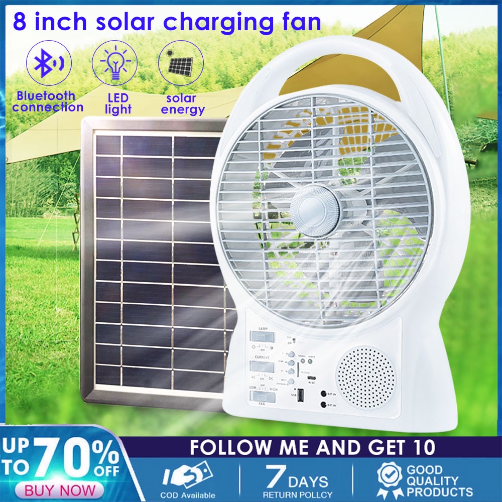 Solar 8" Desk Fan with Builtin Dimmable Emergency Light 12V DC Input