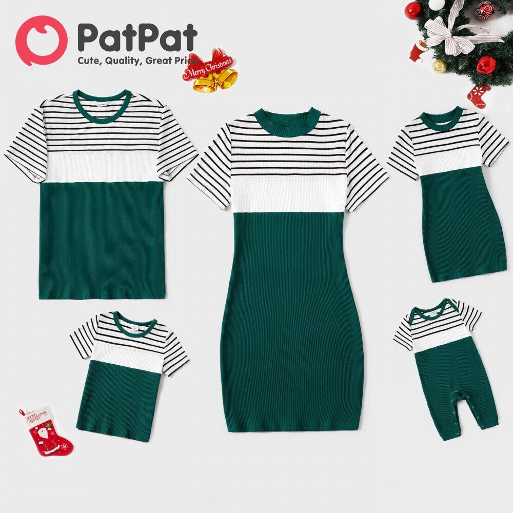 PatPat Family Matching Outfits Striped Colorblock Spliced Rib Knit Short-sleeve Bodycon Dresses Tops