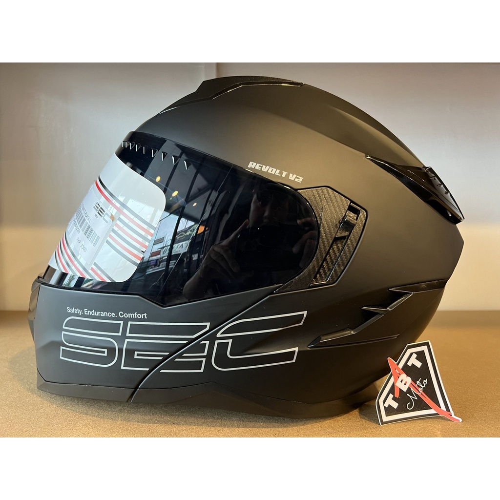 SEC Revolt V2 Matte Black Modular Helmet w/ Lens, Spoiler, Balaclava