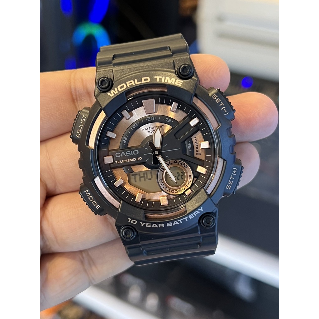 CASIO World Time Analog Digital Black Resin Band Rose Gold Dial Men's