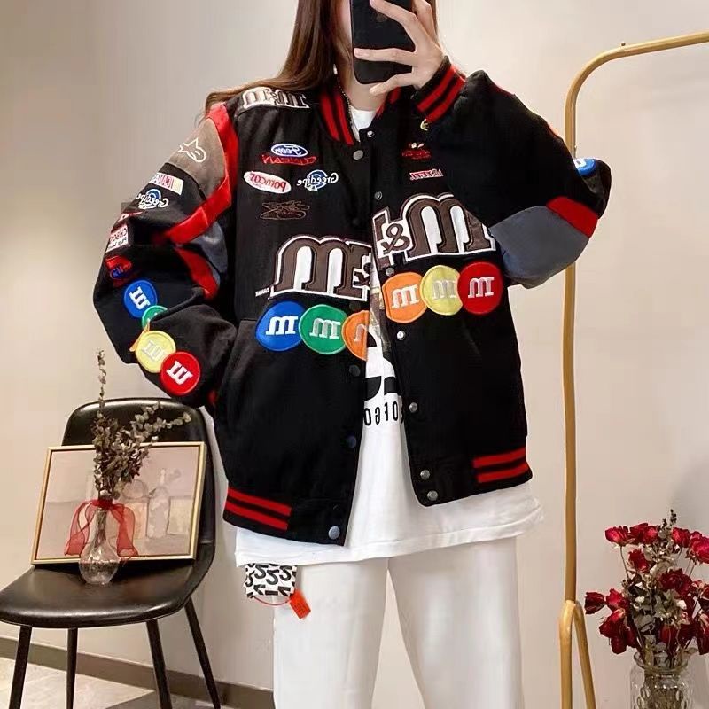 Fashion m&m American Embroidered Baseball Jacket Women Vintage