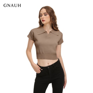 GNAUH Women knitted top Slim Fit Polo Neck Short Sleeve Korean T-shirt #1