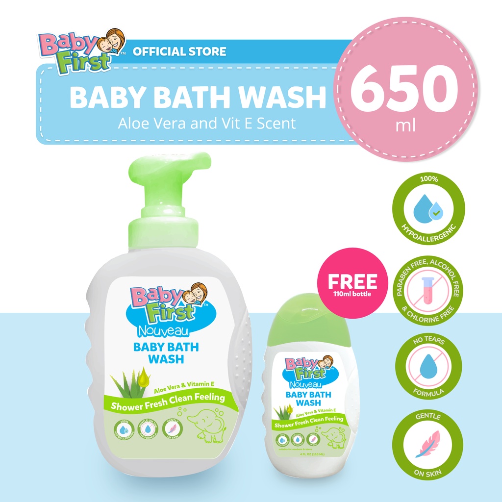 Baby First Nouveau Baby Bath Wash 650ml Aloe Vera and Vitamin E Scent + FREE 110ml
