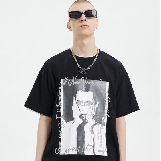 couple tshirt front portrait American trend print hip hop cotton crewneck unisex plus size black top
