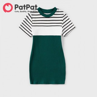 PatPat Family Matching Outfits Striped Colorblock Spliced Rib Knit Short-sleeve Bodycon Dresses Tops #3
