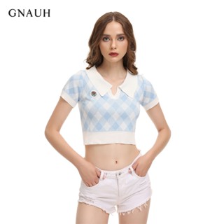 GNAUH Knit Croptop T-Shirt Women Slim Fit Polo Neck Short Sleeve Korean Top #2