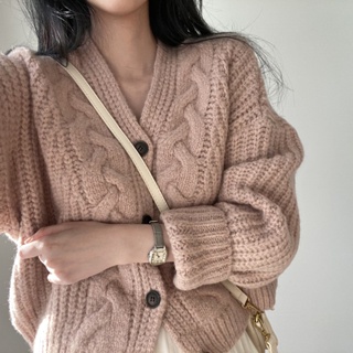 AAA Korean Style Twisted Cardigans Thick Short Sweater Retro V-Neck Long Sleeve Knitted Loose Jacket