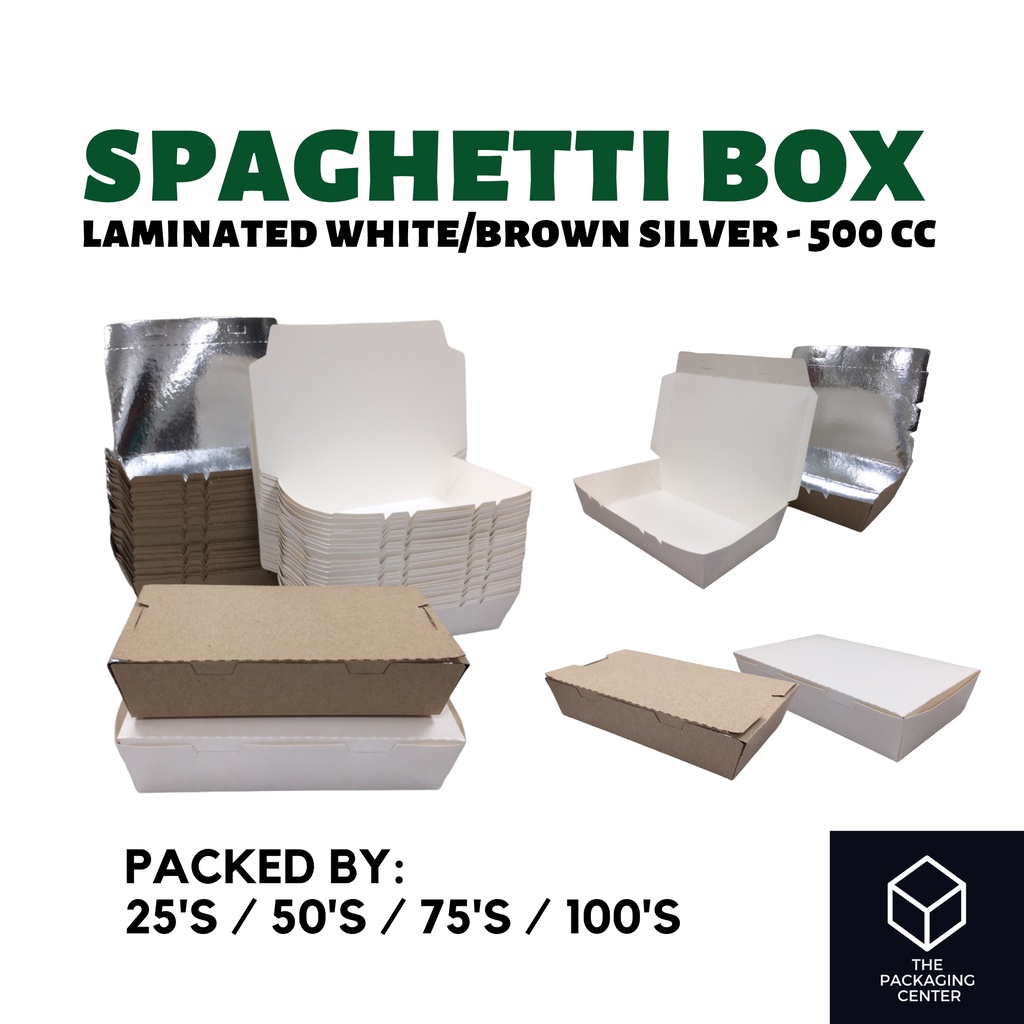 500cc Spaghetti Meal Box Laminated White / Brown Silver Lunch Meal