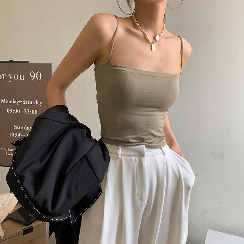 Solid Color Camisole Women With One Piece Chest Pad Thin Shoulder 