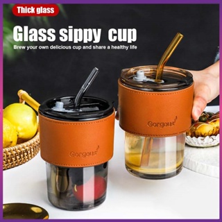 Glass Straw Cup Coffee Mug with Lid Tumbler Hot Cold Milk Tea Cup Water Bottles 450ml