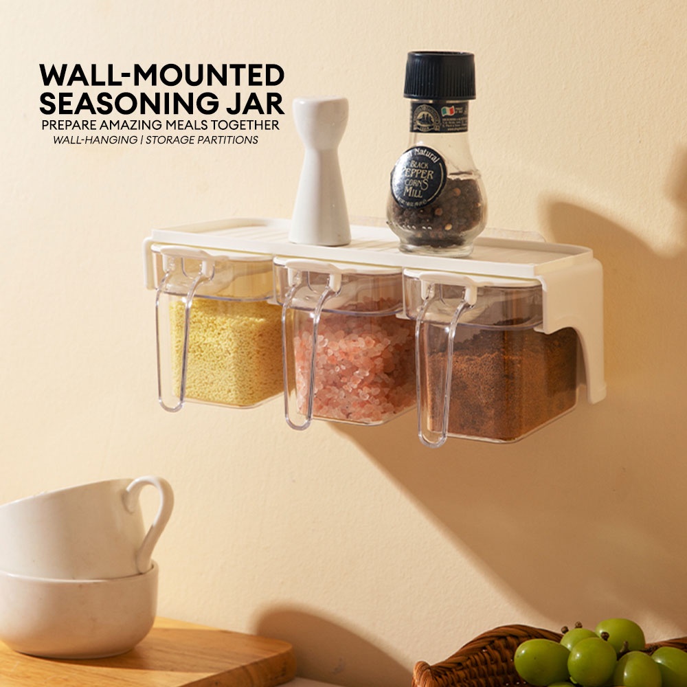 LOCAUPIN 3pcs Seasoning Jars with Spoon Wall Mounted Detachable