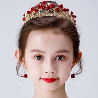 Mga hikaw ng mga bataKasuotang pang-headwear ng mga batang babae crown necklace earrings set red f #7