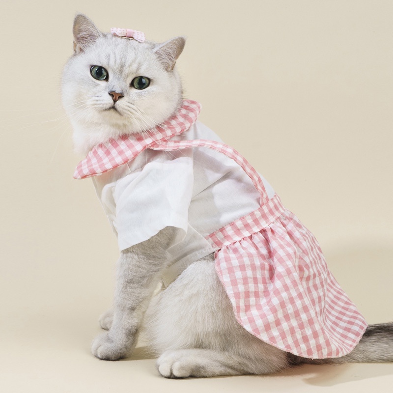 Fashion Summer Dog Dress for Shih Tzu Female Pet Pink Checkered Plaid JK Princess Dress Cat Puppy Birthday #2