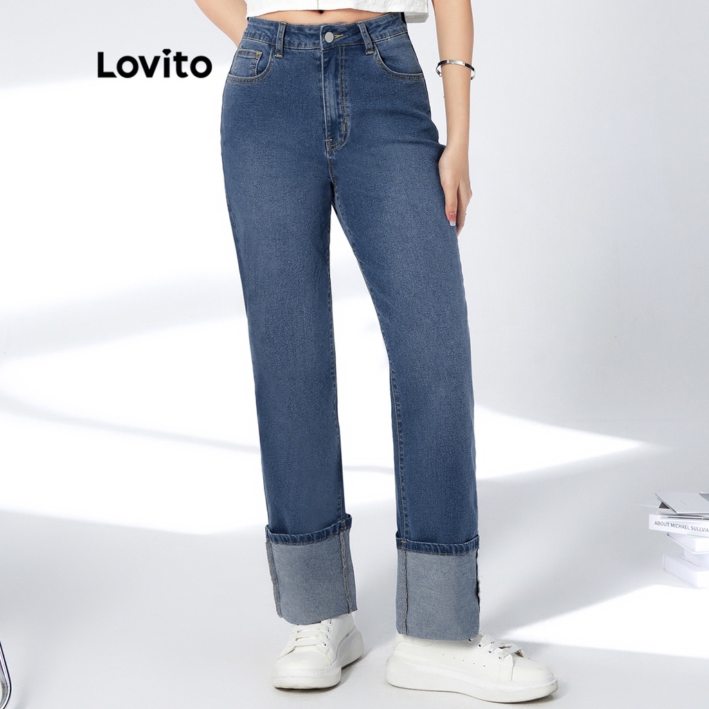 Lovito Casual Plain Flip-Up Women Jeans L33AD097 (Dark Blue) | Shopee ...
