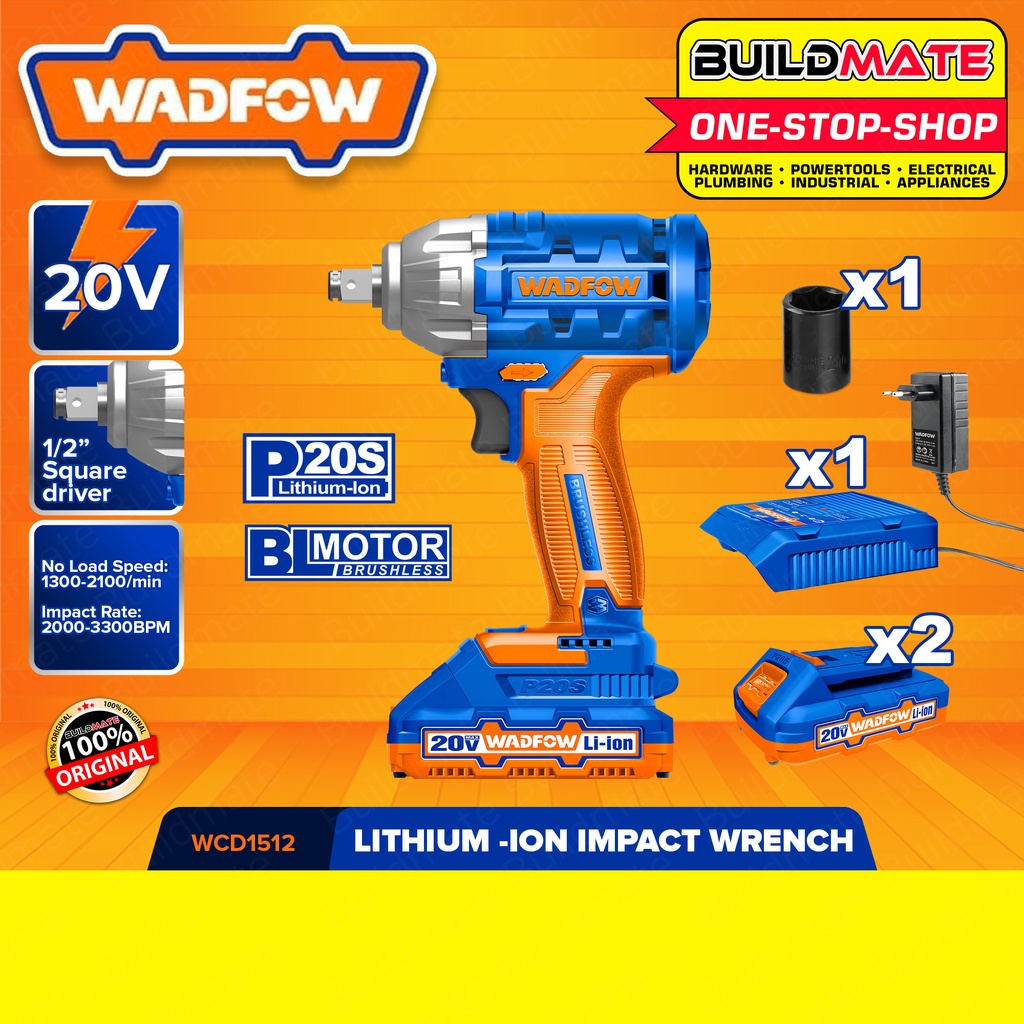 WADFOW LithiumIon Cordless Brushless Motor Impact Wrench W/ 2x Battery