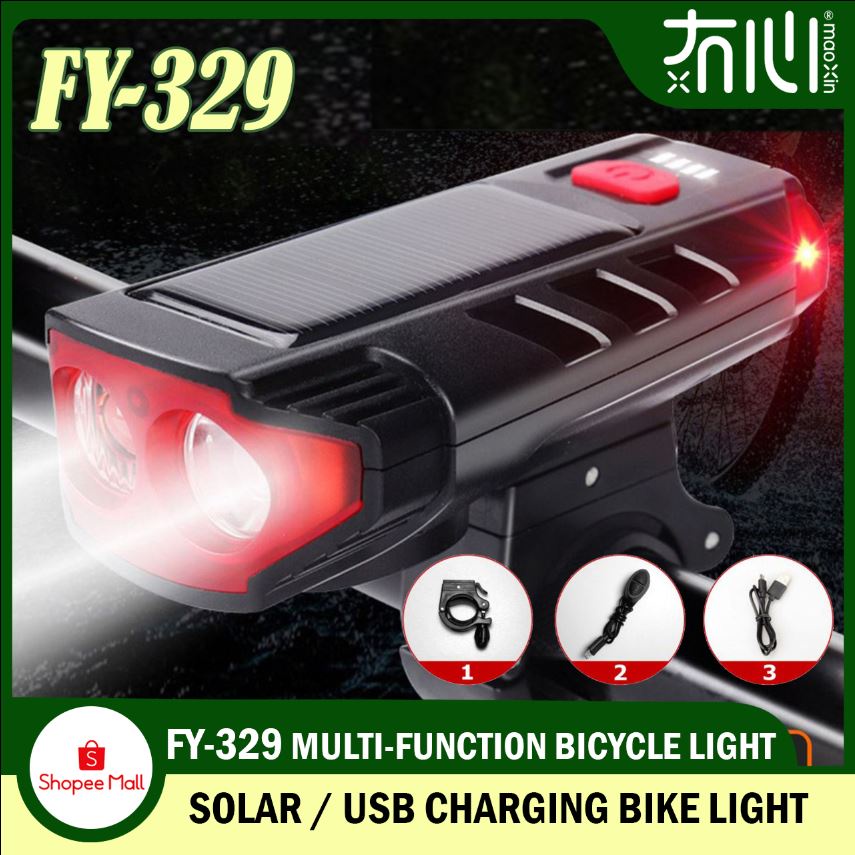 MX MALL Solar USB Double Charging Bicycle Headlights Horn Lights