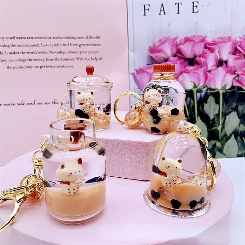 Acrylic cream milk tea bear keychain fashion car keychain pendant cute floating keyring accessory