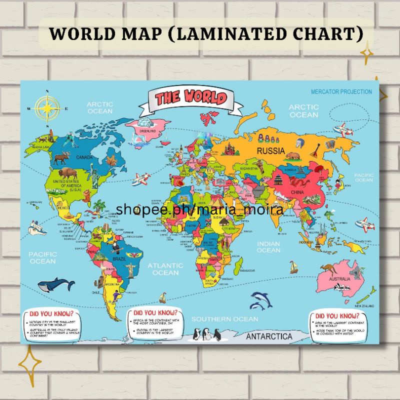 Laminated World Map Chart | A4 Size Educational Wall Chart, Learning