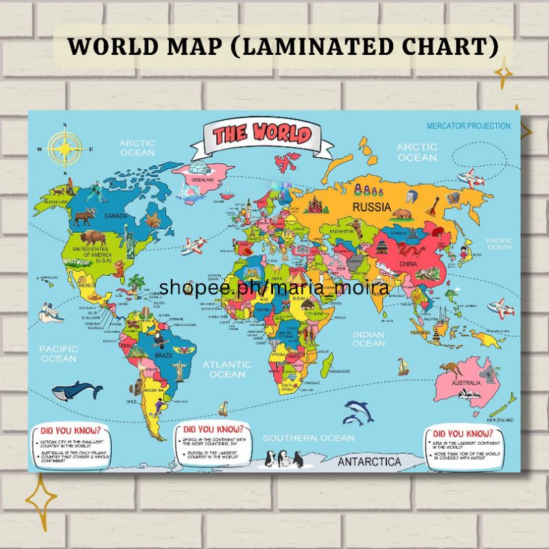 Laminated World Map Chart | A4 Size Educational Wall Chart, Learning ...