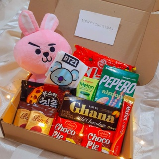 Korean Snack Gift Box with Kpop BTS BT21 Cartoon Plush and Socks