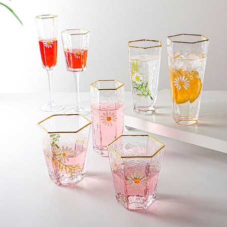 2022 HEXAGONAL DAISY GLASS SIMPLE GOLD RIM GILGAL GLASS CUP NC& #2