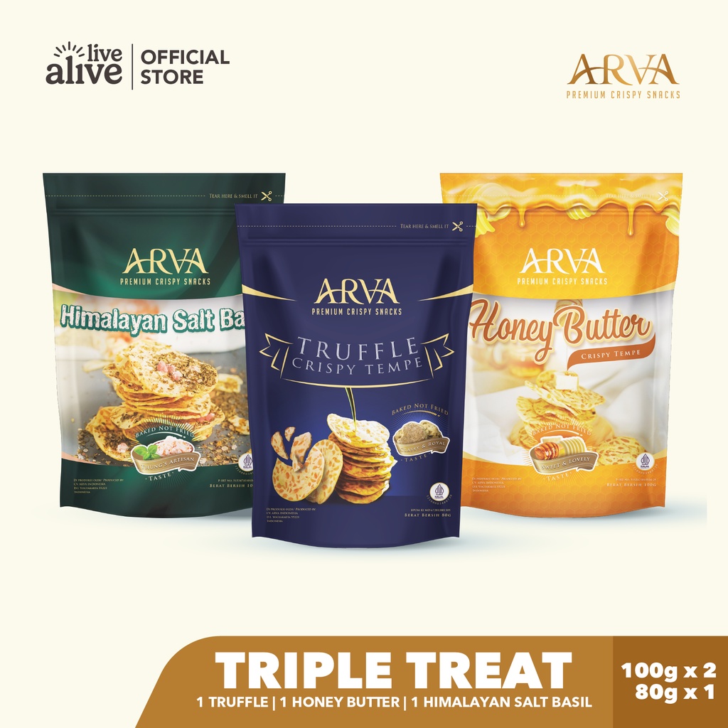 ARVA Triple Flavor Treat 1 Truffle, 1 Honey Butter,1 Himalayan Salt Basil Crispy Tempe Chips