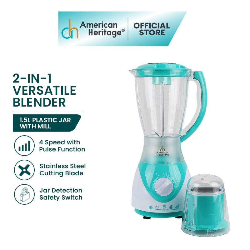 American Heritage 1.5L 4Blade Plastic Jar Blender with Plastic Mill