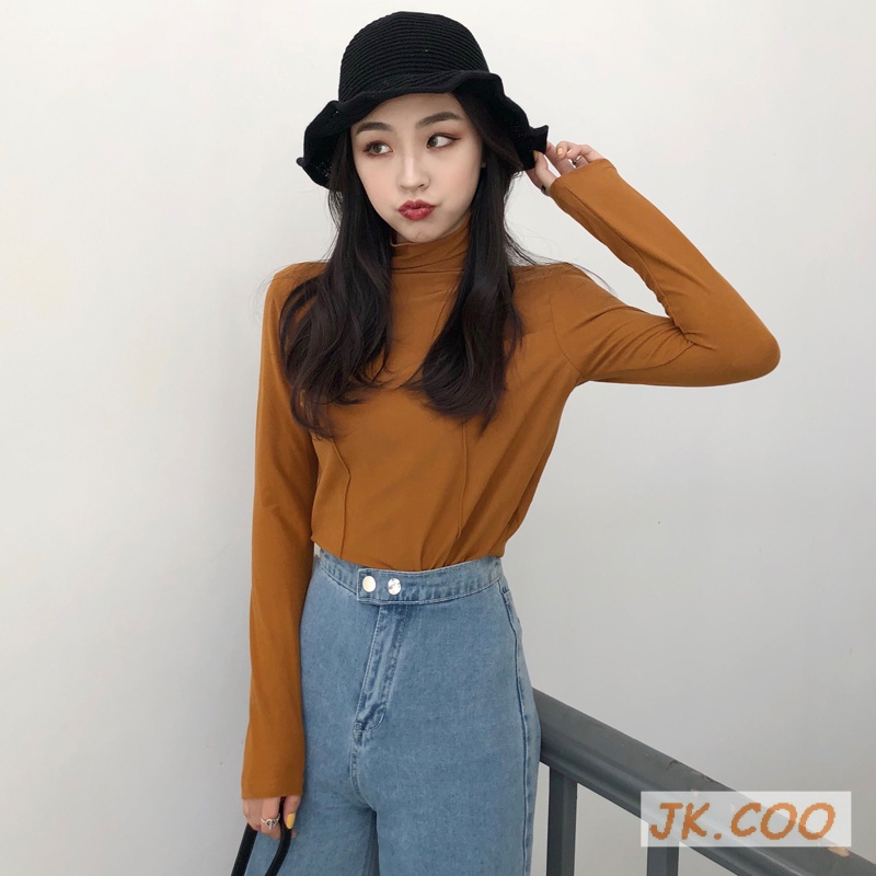 [JK.COO] Korean Women's Autumn Winter New Style Casual High Neck Slim-Fit Slimmer Look Versatile Long-Sleeved Bottoming Shirt T-Shirt  AA