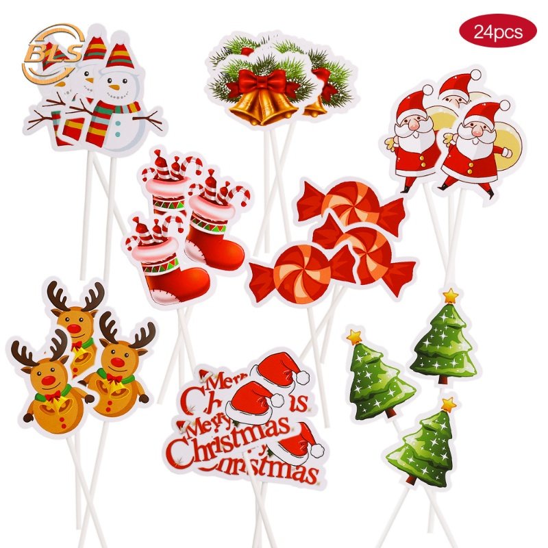 24pcs Merry Christmas Paper Cake Inserts Xmas Tree Snowman Elk Cupcake