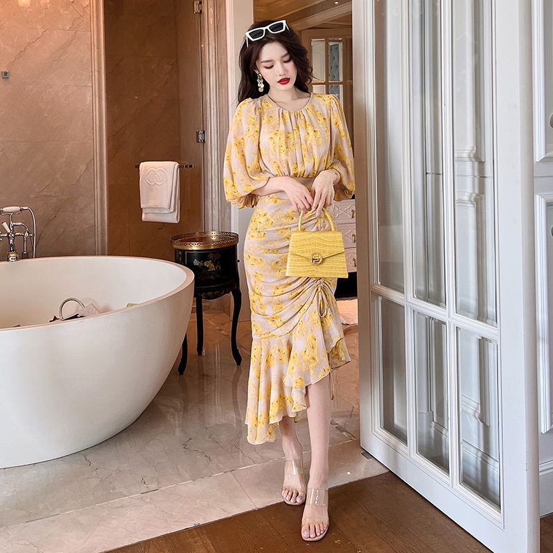 2022 Summer New Round Neck Lantern Sleeve Print Dress with Cropped Waist and Irregular Fishtail Dress Long Dress