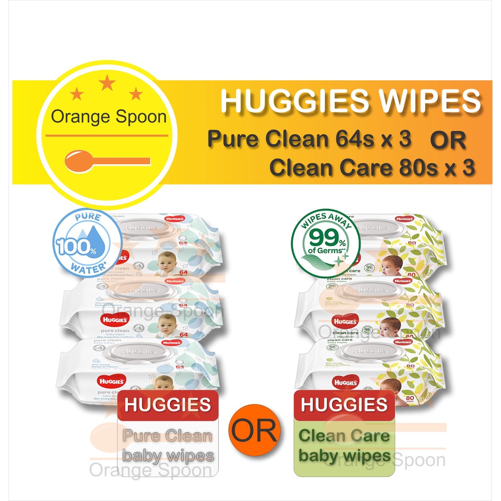 Huggies Clean Care 80s Or Pure Clean 64s Baby Wipes x 3 packs AUTHENTIC