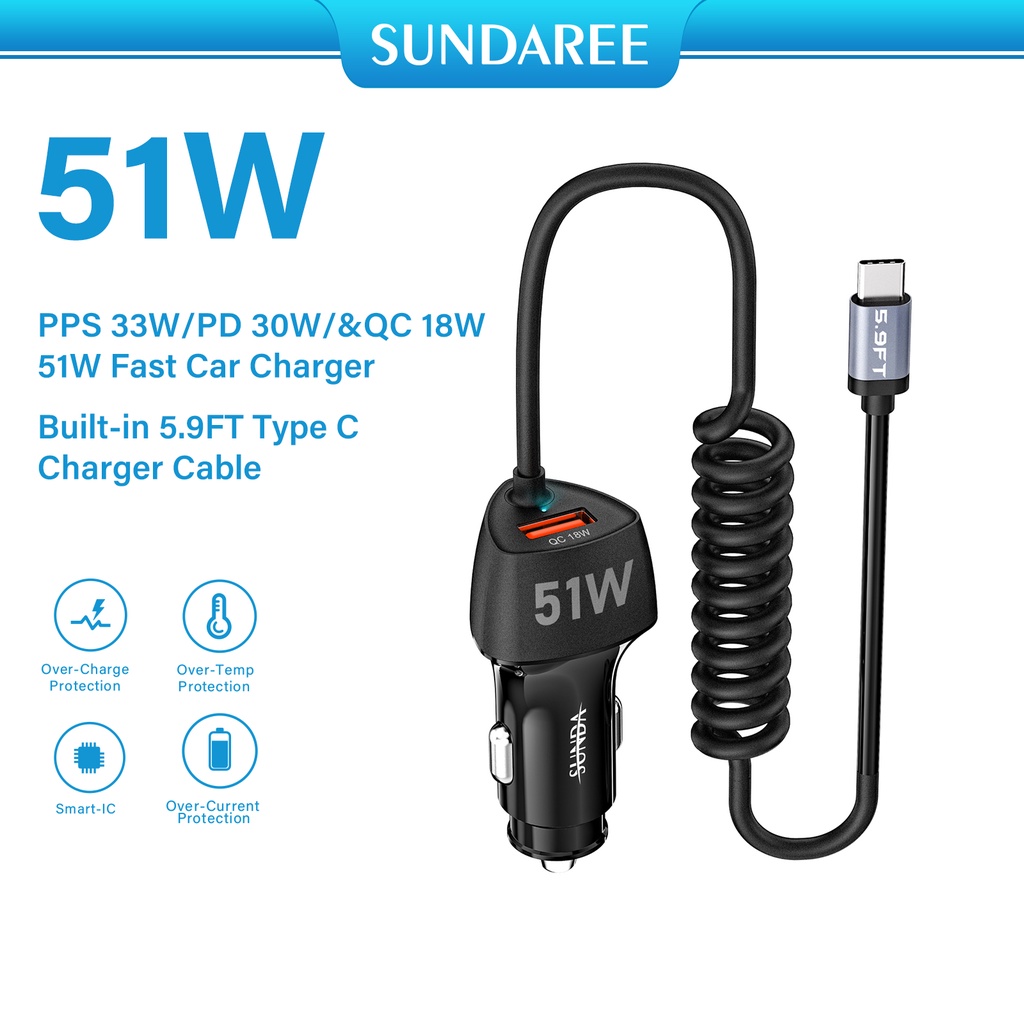 USB C Fast Car Charger 51W Dual Ports, Builtin 5.9FT Type C Phone