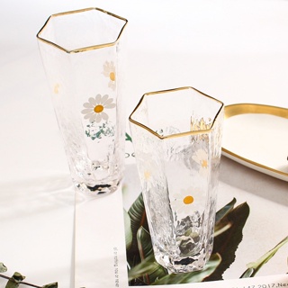 2022 HEXAGONAL DAISY GLASS SIMPLE GOLD RIM GILGAL GLASS CUPIn stock COD #5