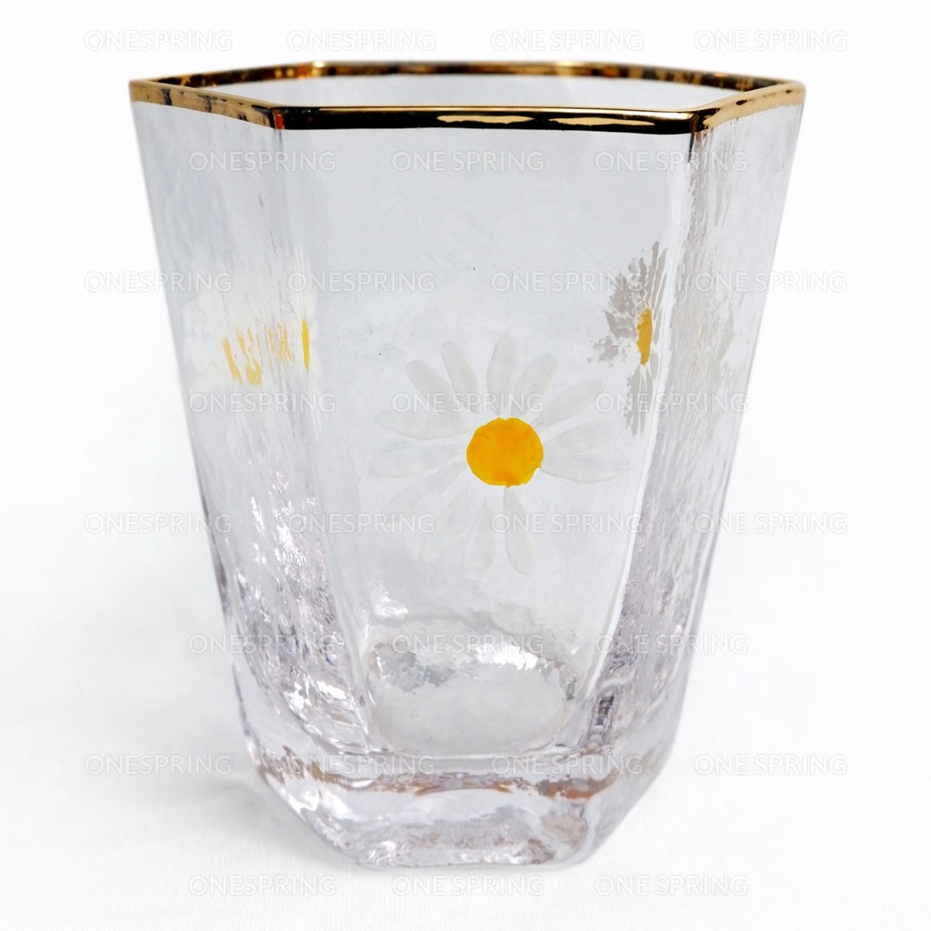 2022 HEXAGONAL DAISY GLASS SIMPLE GOLD RIM GILGAL GLASS CUPIn stock COD #7