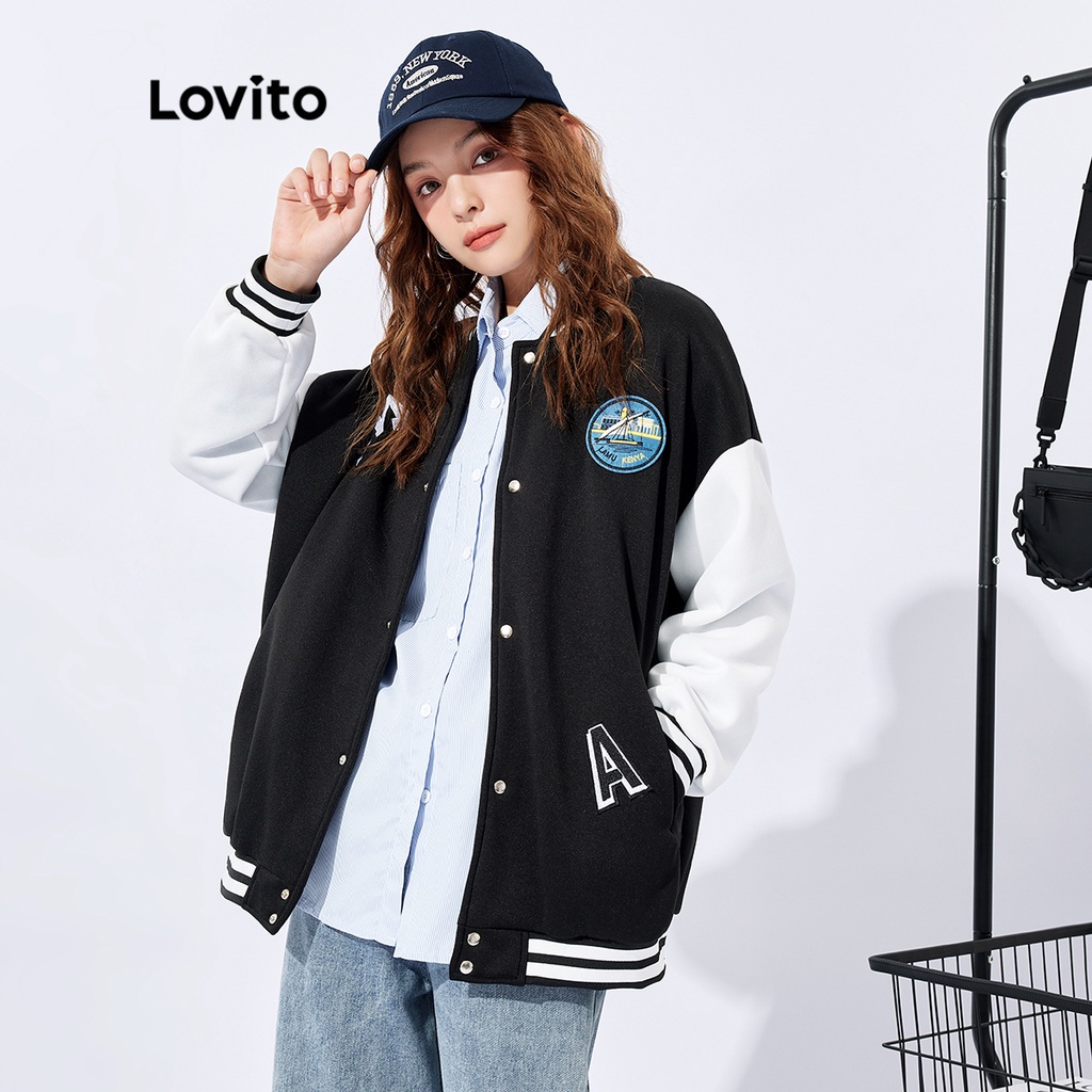 Lovito Preppy Letter Colorblock Unisex Oversized Baseball Collar Jacket ...