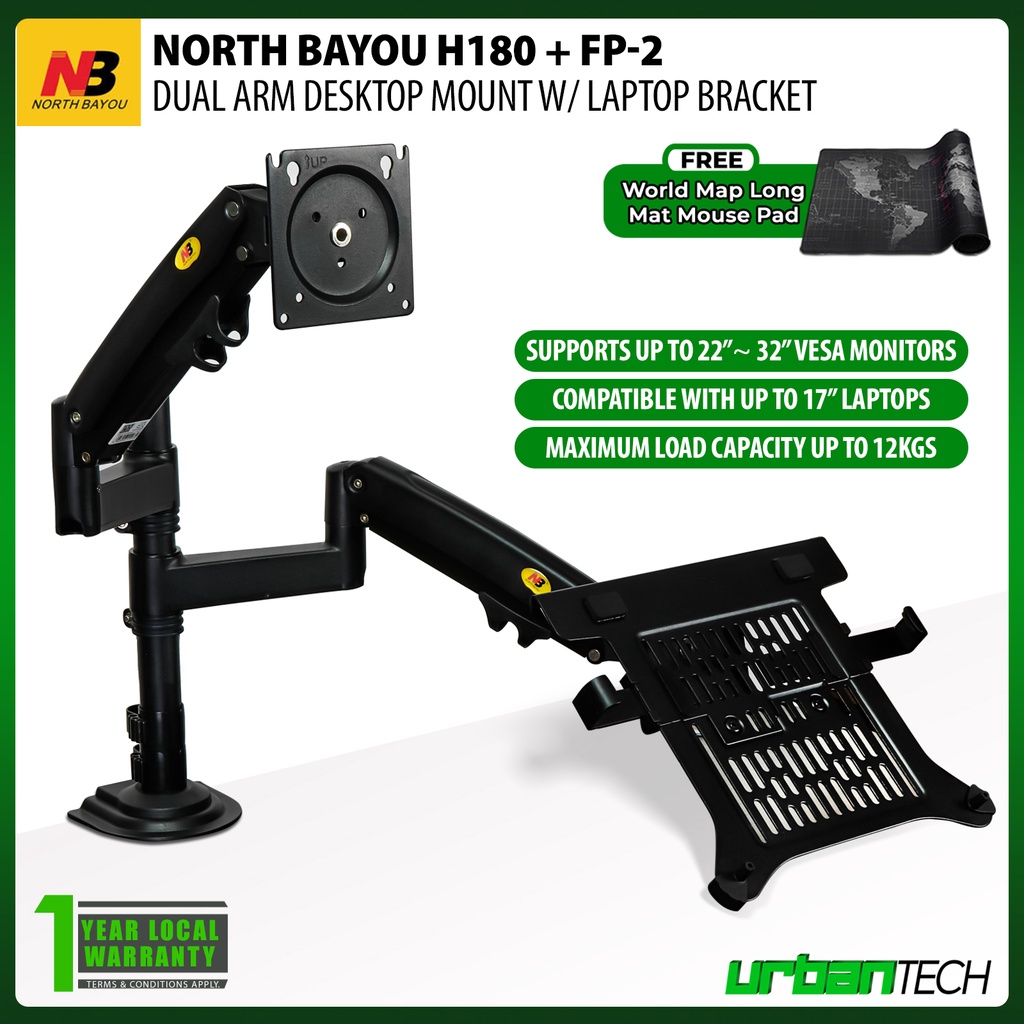 North Bayou H180 + FP2 Dual Monitor Holder Desktop Mount for 22"32