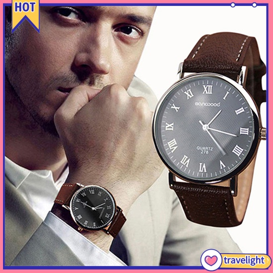 Men's Roman Numerals Dial Faux Leather Band Quartz Analog Business Wrist Watch