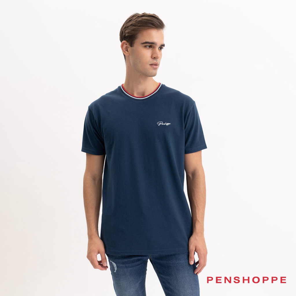 Relaxed Fit TShirt With Striped Ribbing For Men (Navy Blue