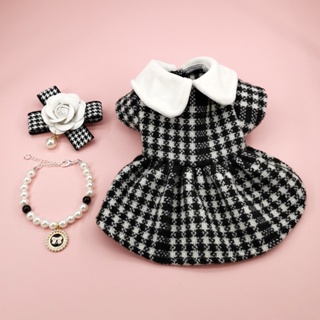 Dog Clothes for Shih Tzu Female Pearl Bowknot Necklace Corsage Formal Checkered Plaid Dress Pet Cat Dog Wedding Birthday Dress